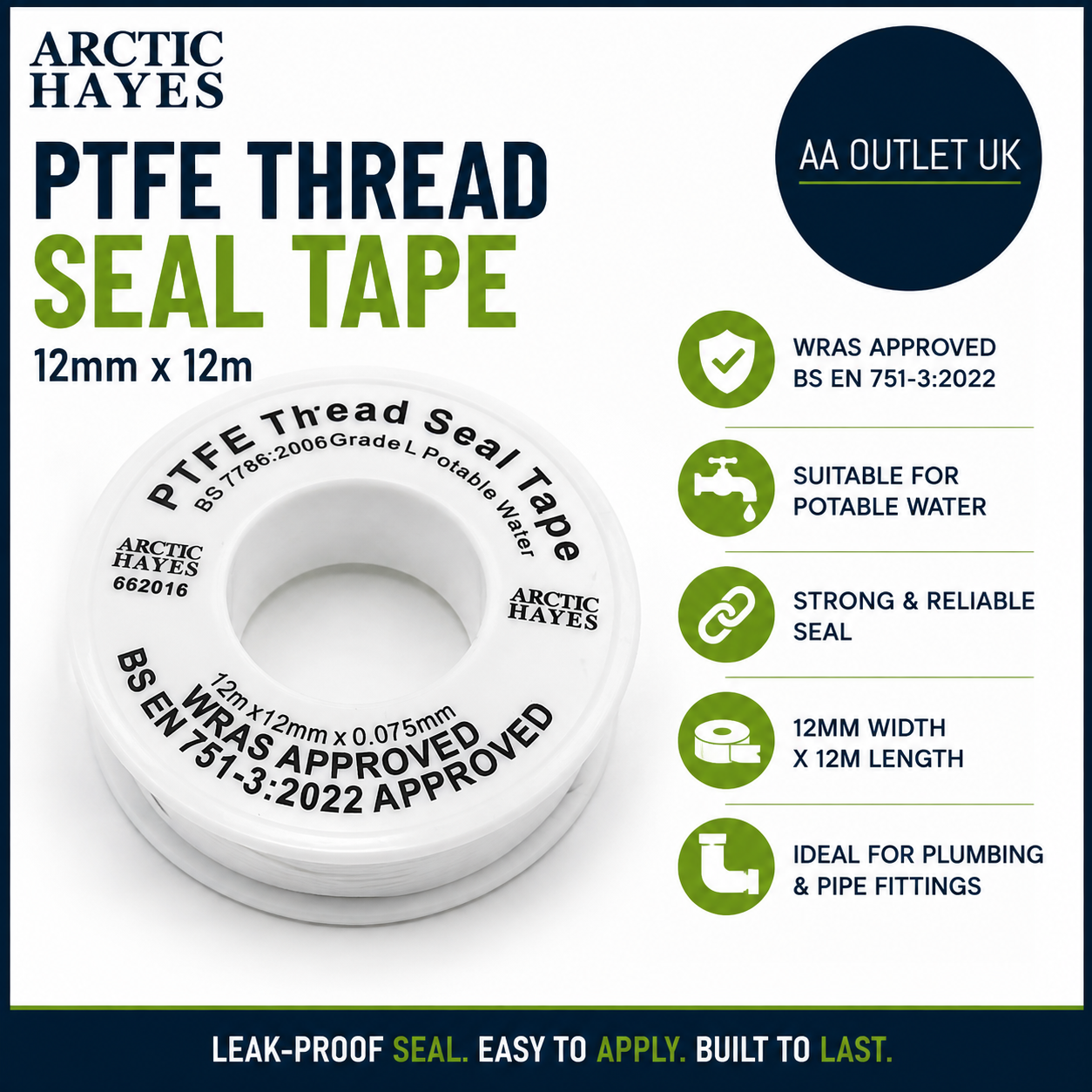 Arctic Hayes 662016 PTFE Thread Seal Tape 12mmx12m WRAS Plumbing Water