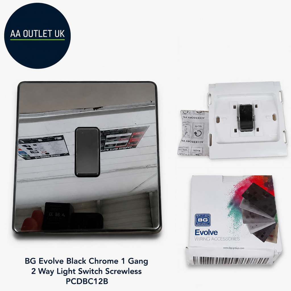 BG Evolve Black Chrome 1 Gang 2 Way Light Switch Screwless PCDBC12B Design New