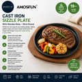 Amosfun Cast Iron Sizzle Plate Wooden Base 19cm Round Heavy Duty Heat Retaining