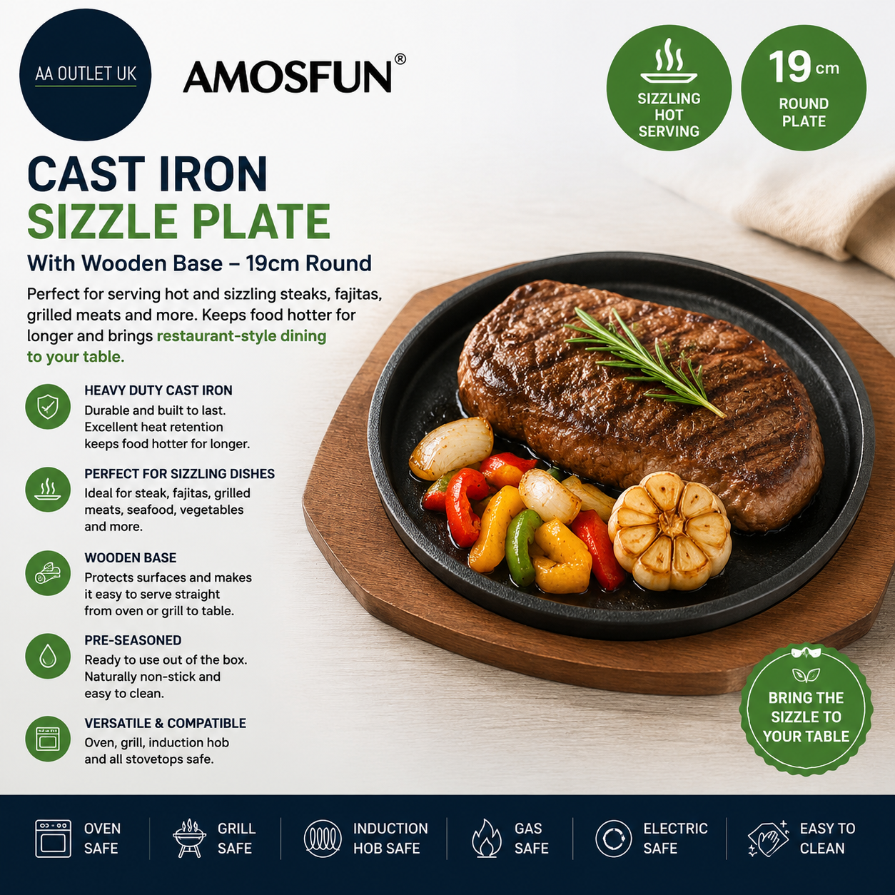 Amosfun Cast Iron Sizzle Plate Wooden Base 19cm Round Heavy Duty Heat Retaining