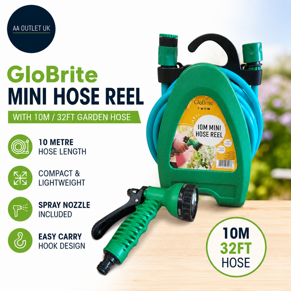 GloBrite Mini Hose Reel With 10m 32ft Garden Pipe Spray Gun Adjustable Nozzle