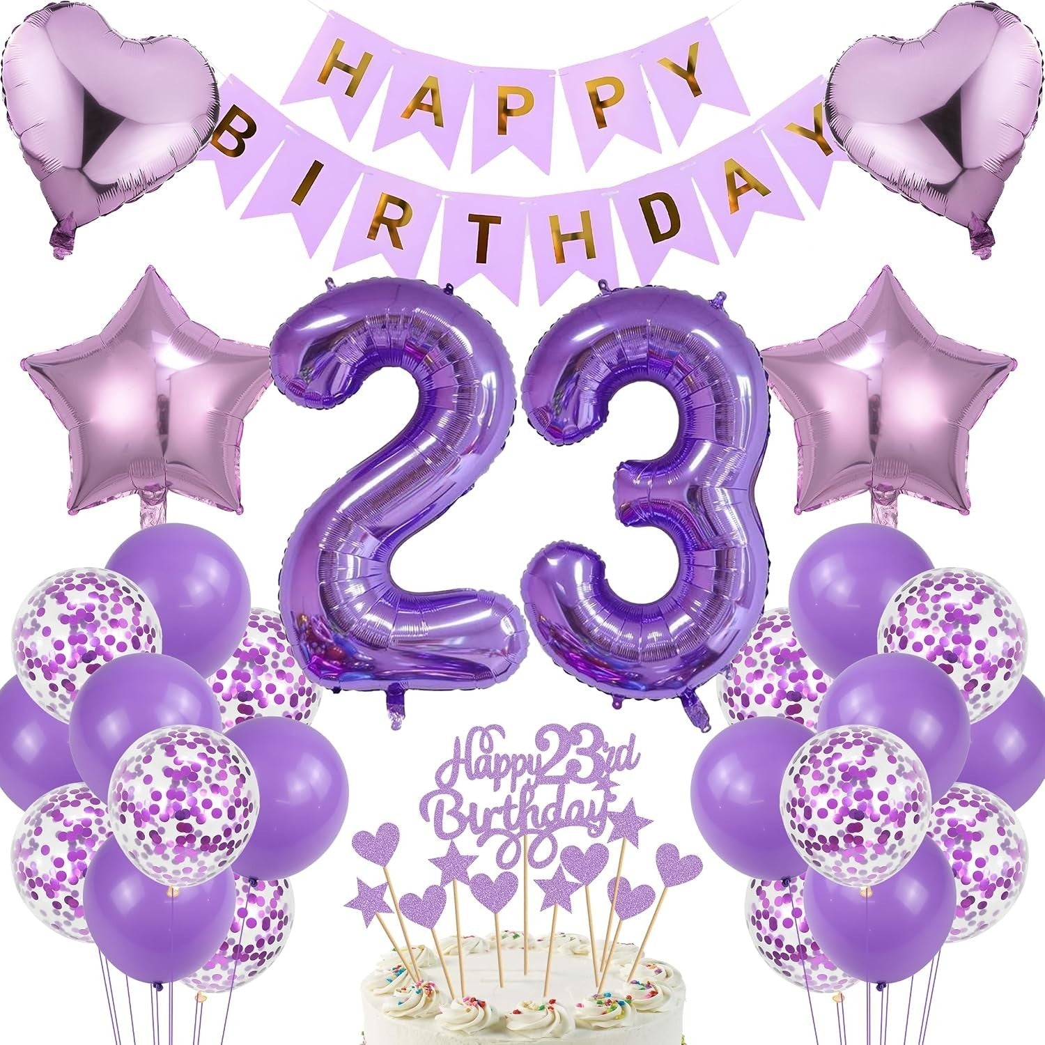 23rd Birthday Cake Toppers Decoration Gift Purple Silver Foil Balloon Set New