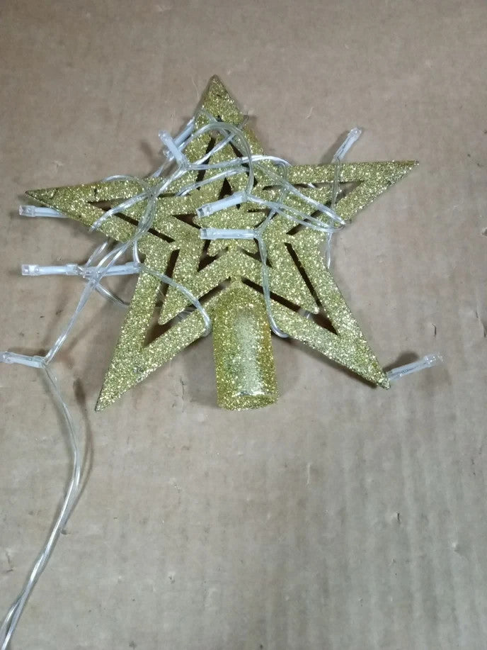 7.1" Gold Glitter Star Tree Topper 10 LED Lights Xmas Decor Outdoor Indoor New
