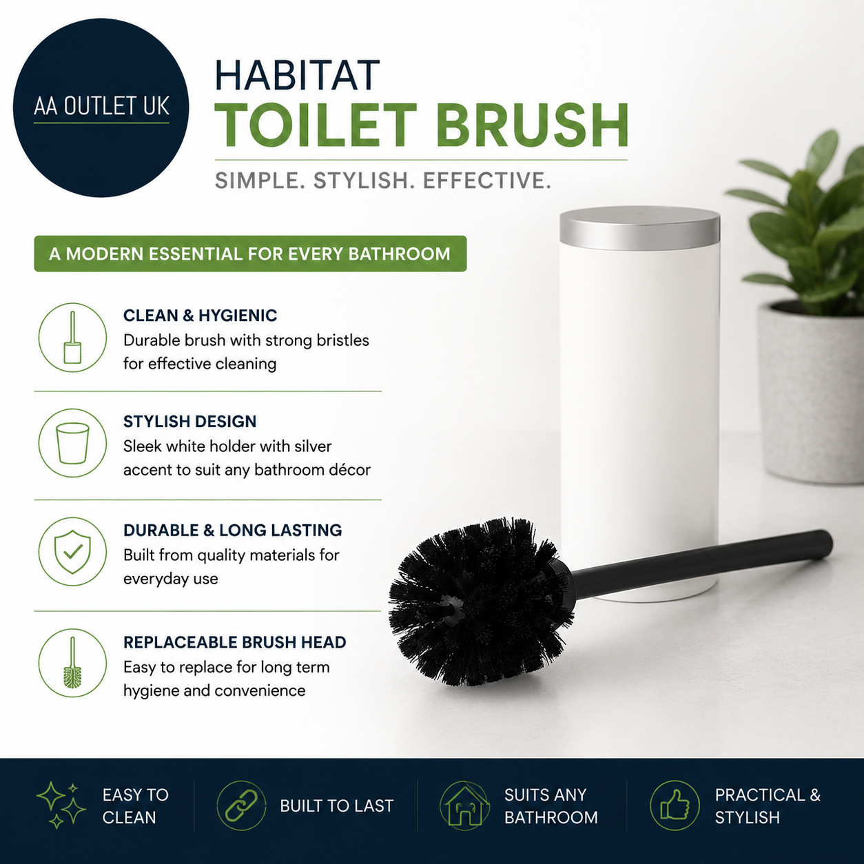 Habitat Toilet Brush Grey Bathroom Fully Assembled 38.5x9.5x9.5cm