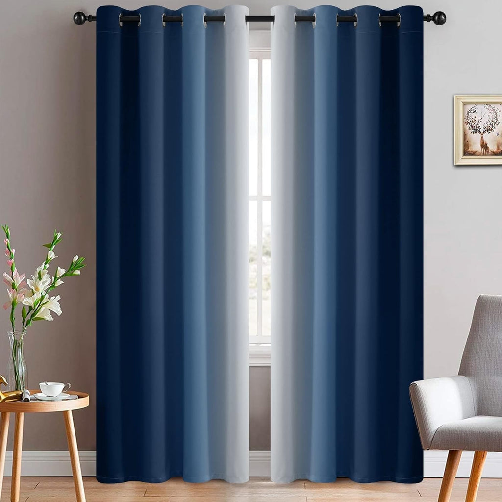 Yakamok Blue & Greyish White Ombre Curtains Living Room 52x90 Gradient 2 Panels