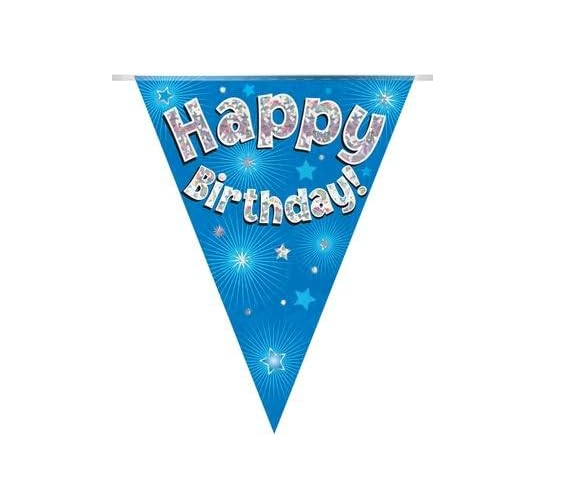 Happy Birthday Blue Holographic Party Bunting Banner 11 Flags 3.9m New