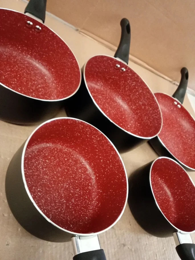 Russell Hobbs 5 Piece Pan Set Red Stone Aluminium External Internal Black
