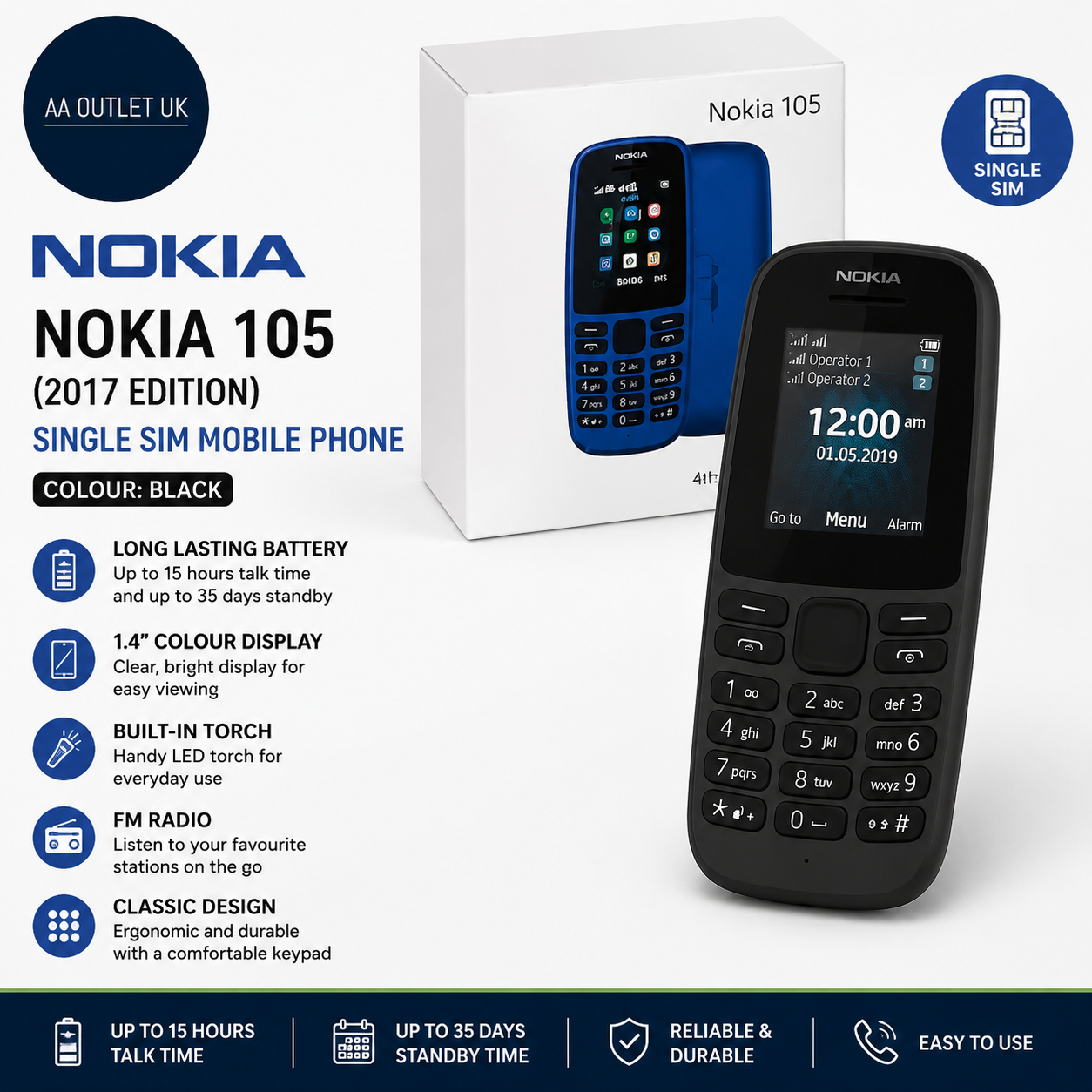 Nokia 105 Single SIM Mobile Phone 2017 Edition 1GB Black