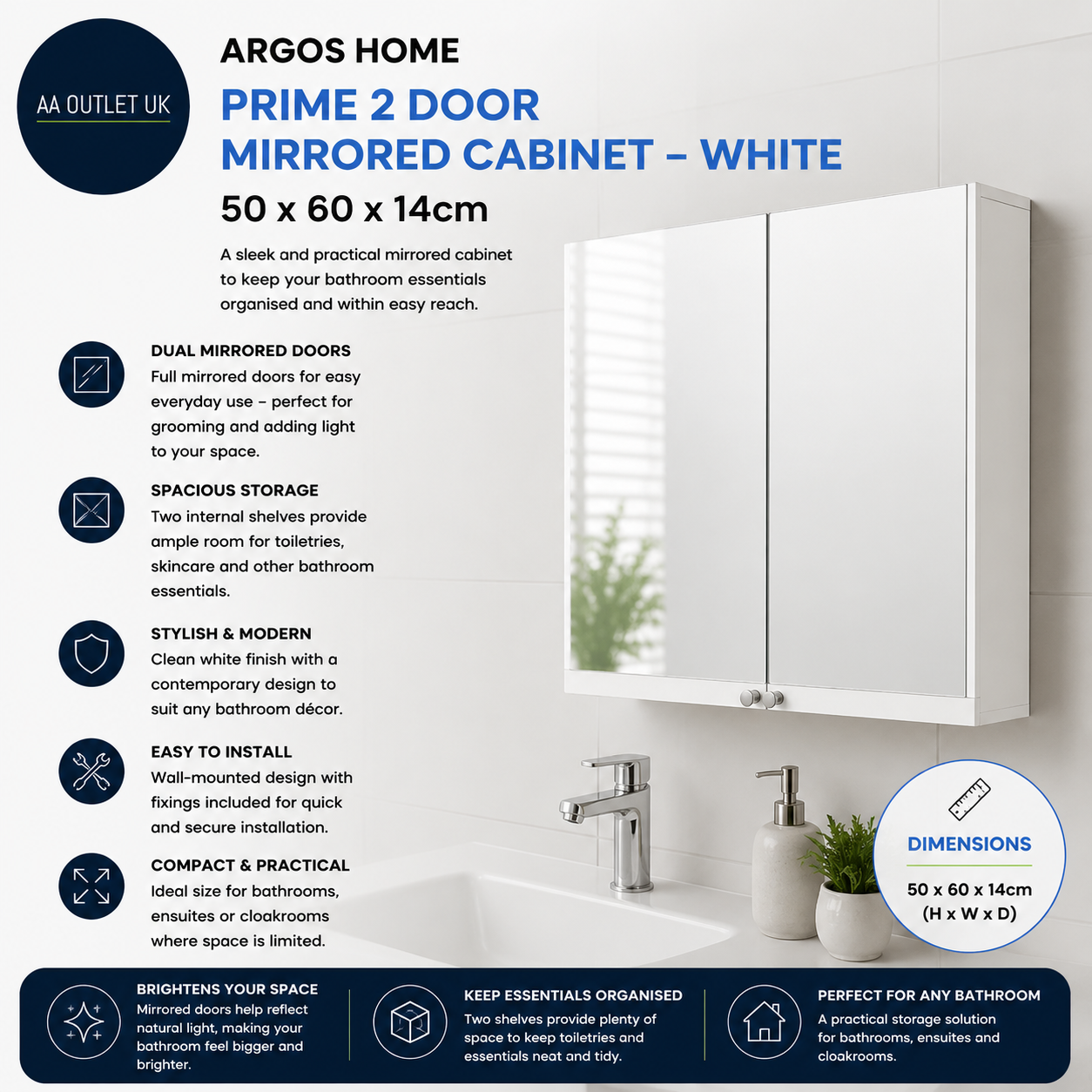 Argos Home Prime 2 Door Mirrored Cabinet White 50x60x14cm