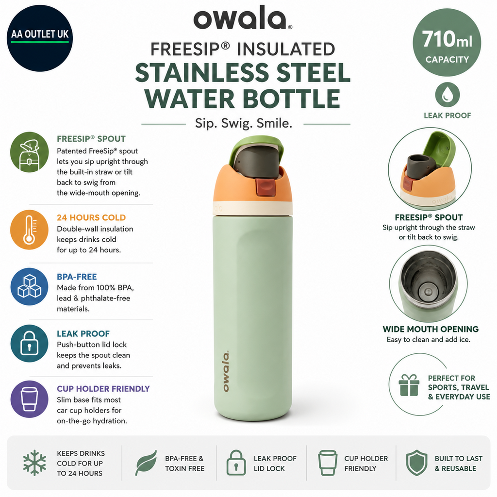 Owala FreeSip Insulated Stainless Steel Water Bottle Leak Proof 710ml Camo Cool