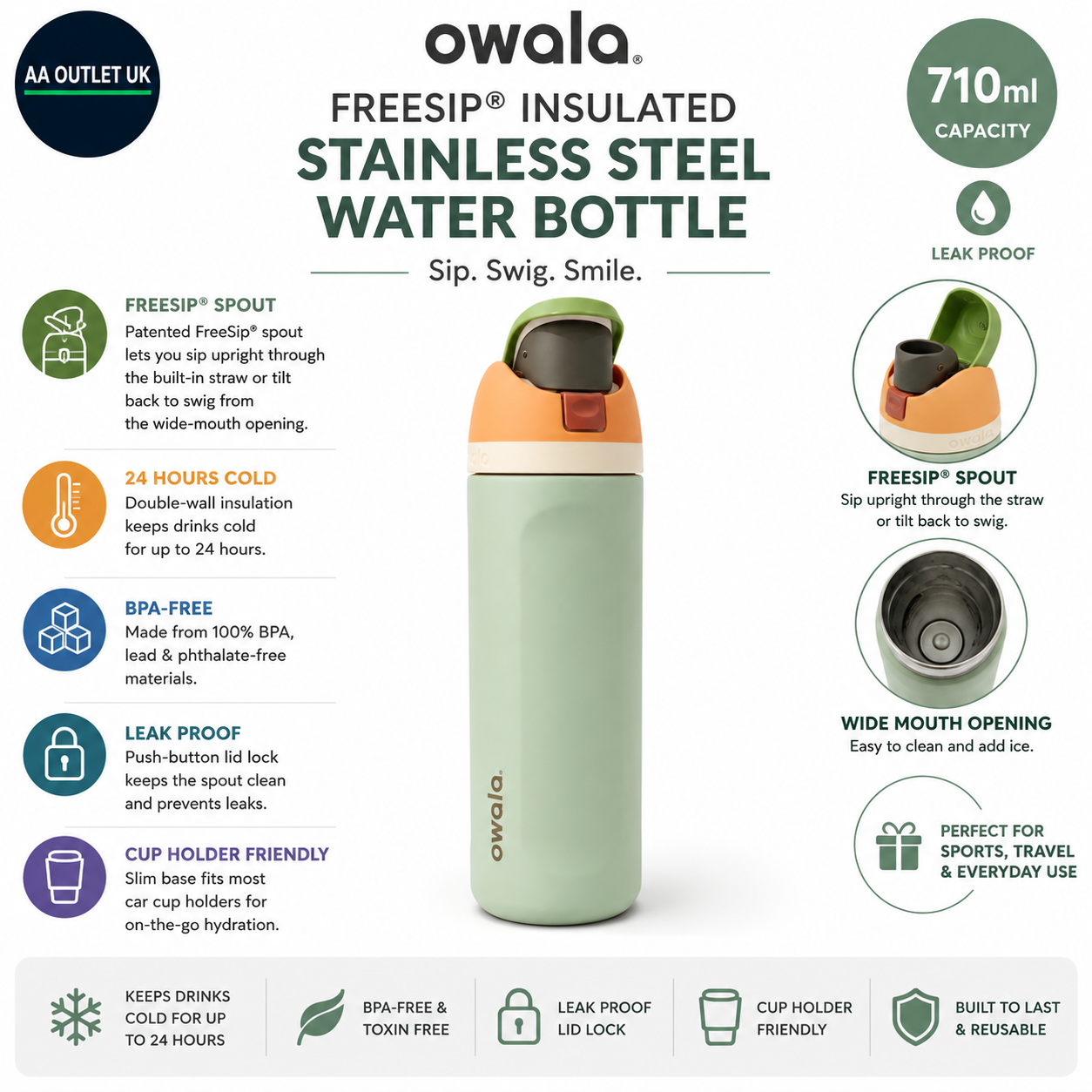 Owala FreeSip Insulated Stainless Steel Water Bottle Leak Proof 710ml Camo Cool
