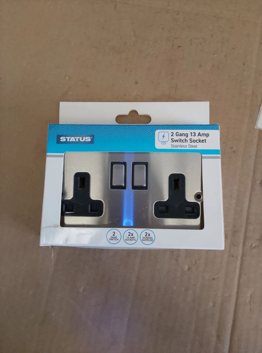 Status Stainless Steel Double Switched Power Plug Wall Socket 13Amp 2 Gang