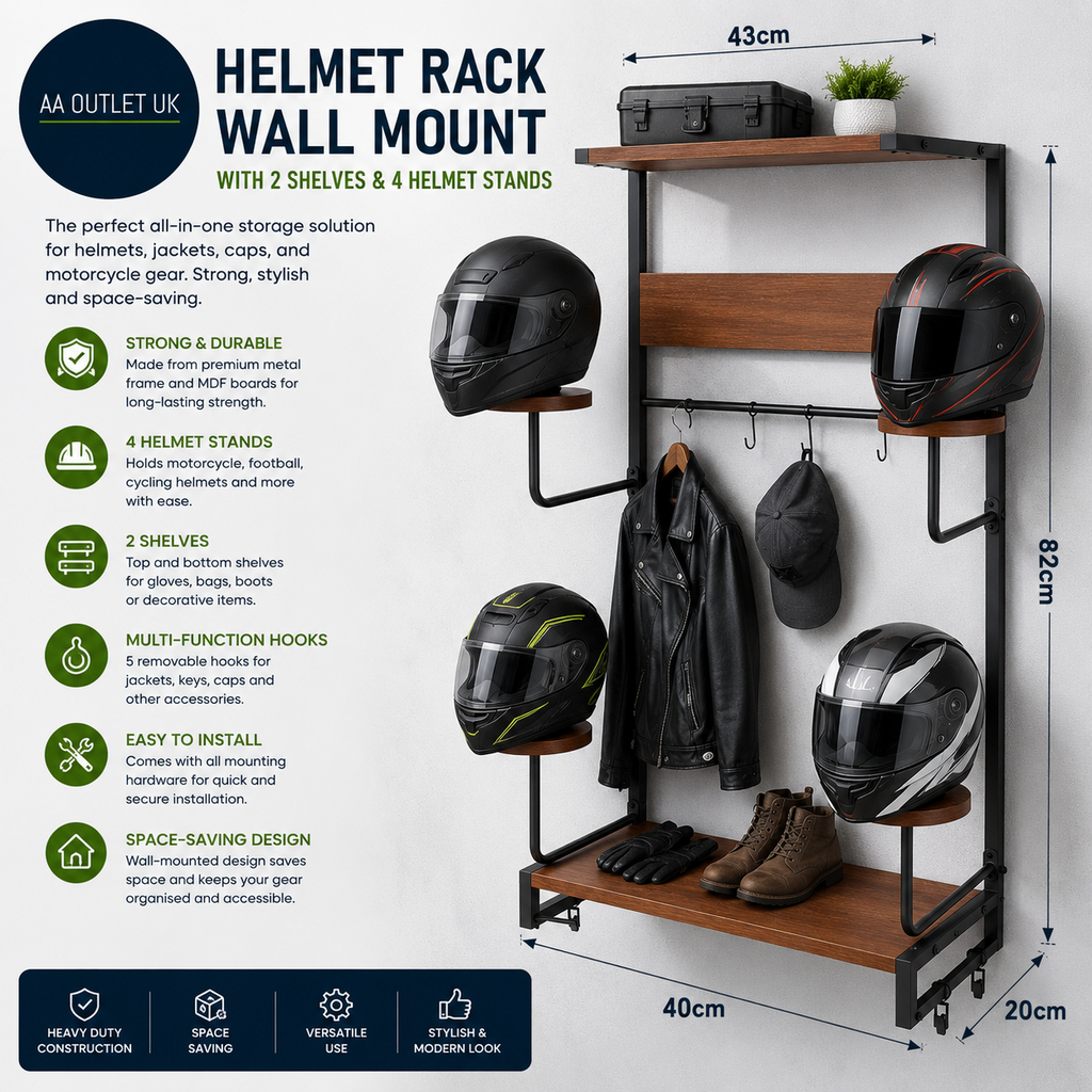 GHWMYD Helmet Rack Mount Wall Motorcycle Coat Cap Holder 2 Shelves 4 Helmet
