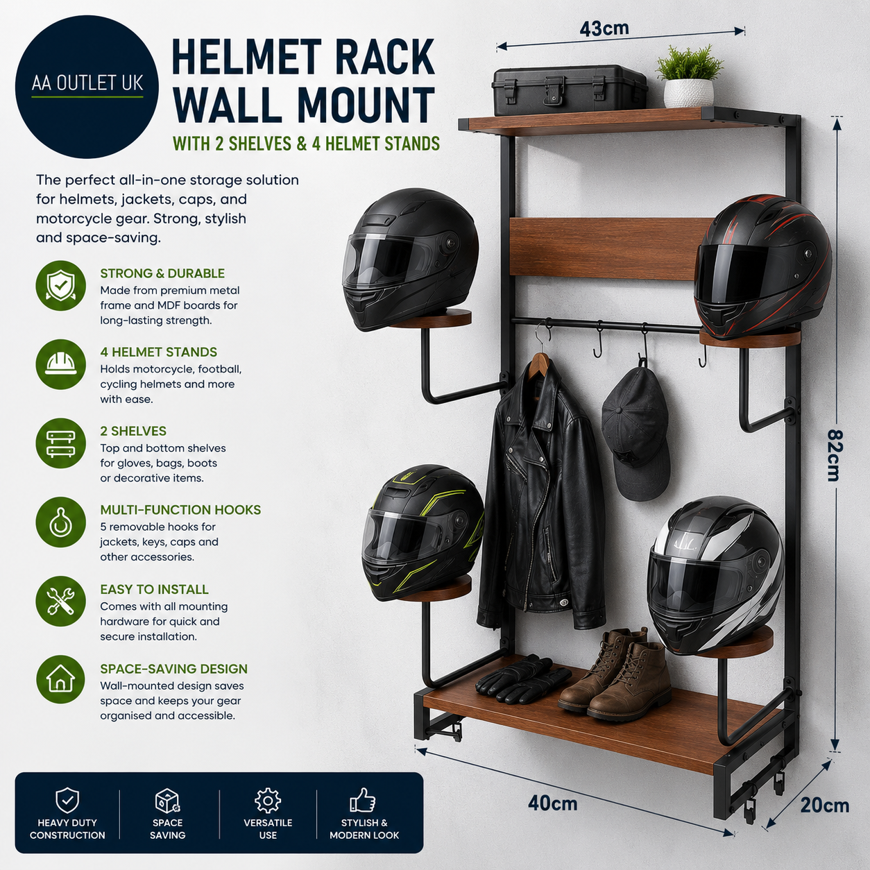 GHWMYD Helmet Rack Mount Wall Motorcycle Coat Cap Holder 2 Shelves 4 Helmet