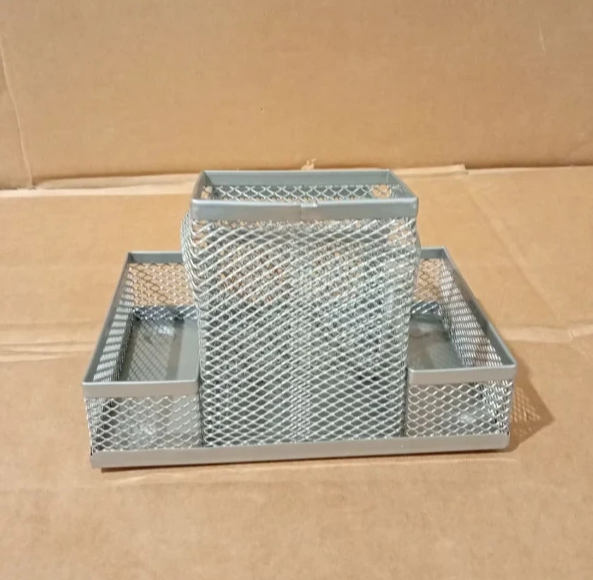 D.RECT Mesh Desk Organiser Pen Holder Office Storage Tray Silver Metal Design