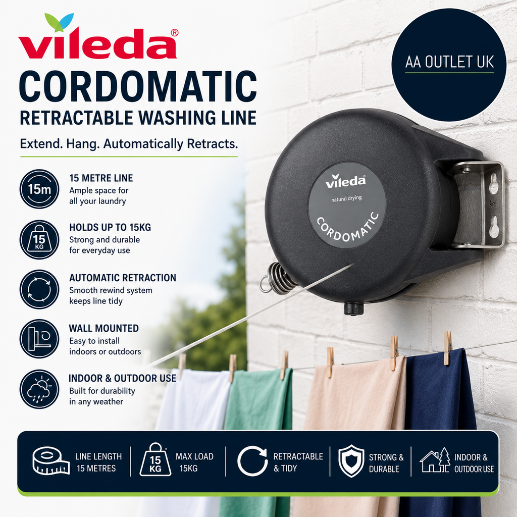 Vileda Cordomatic Retractable Washing Line 1x15m Clothes Holds To 15kg