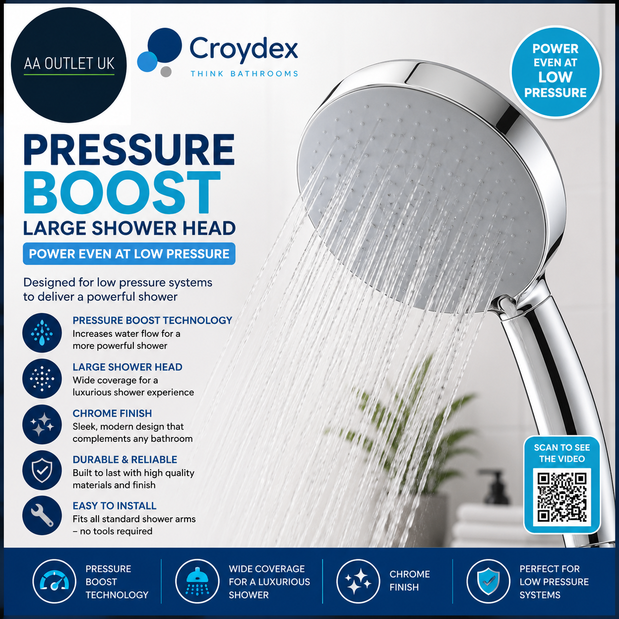 Croydex Presion Large Shower Head Pressure Boost Shower Low Pressure Chrome