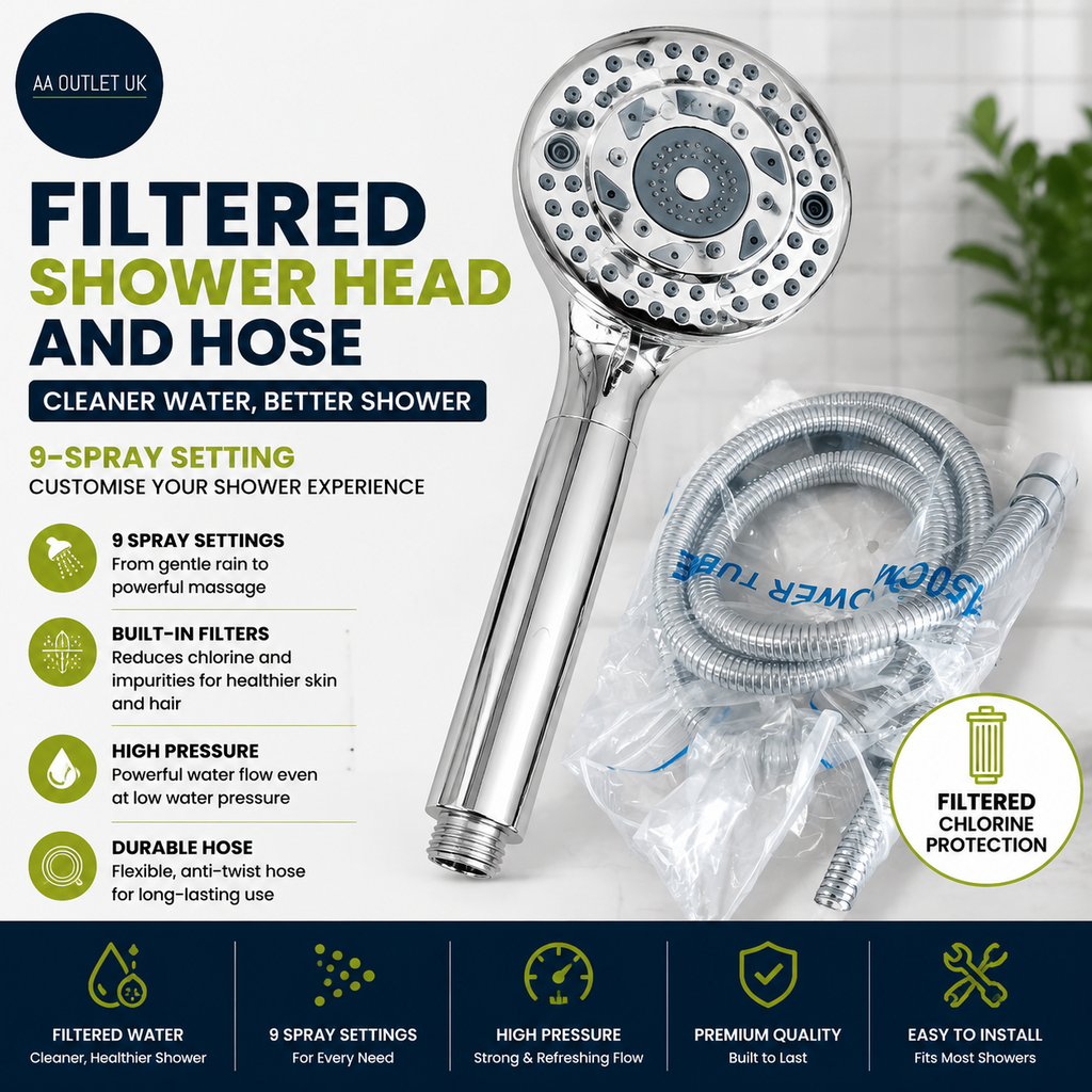 Filtered Shower Head Hose 9 Spray Setting High Pressure Chlorine Silver