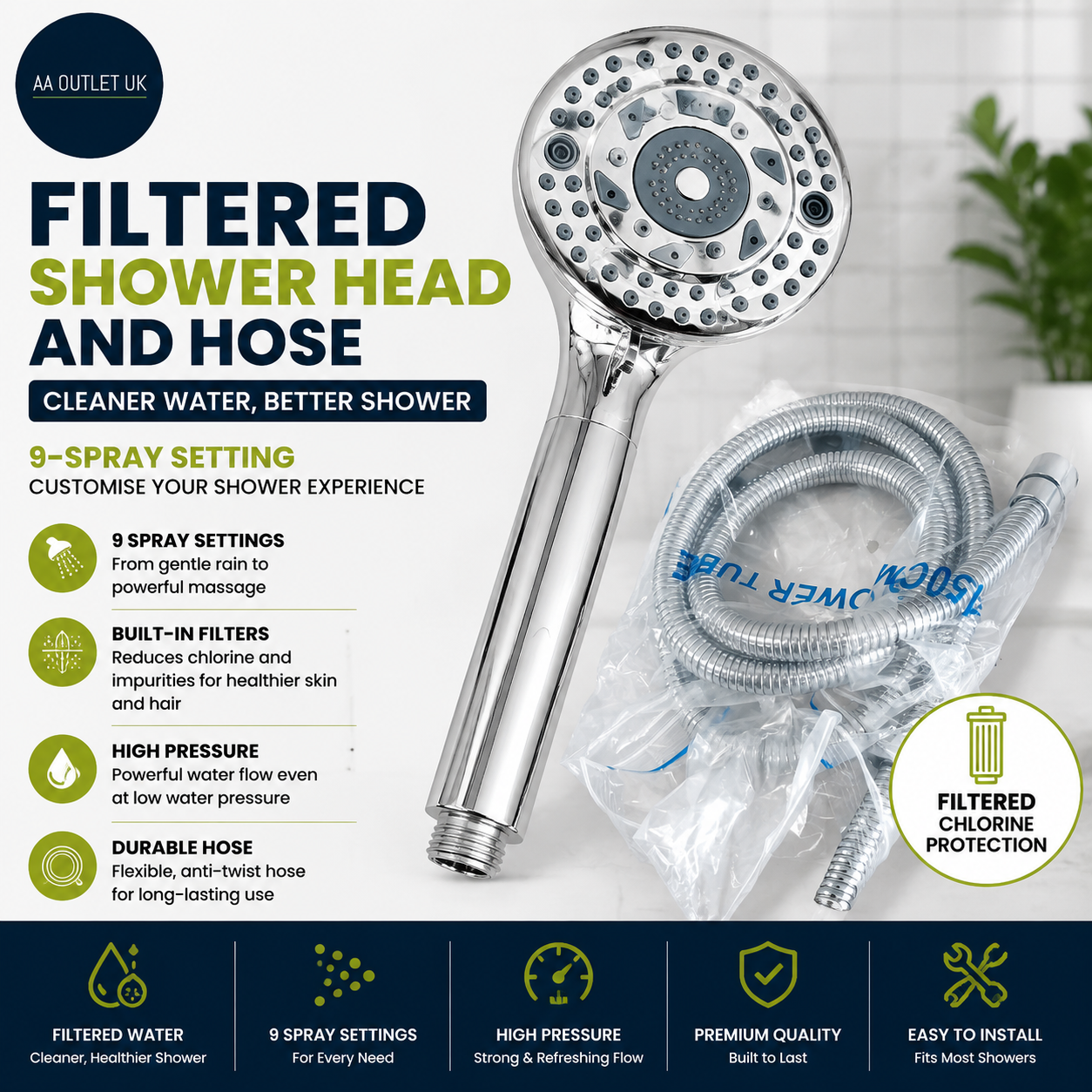 Filtered Shower Head Hose 9 Spray Setting High Pressure Chlorine Silver