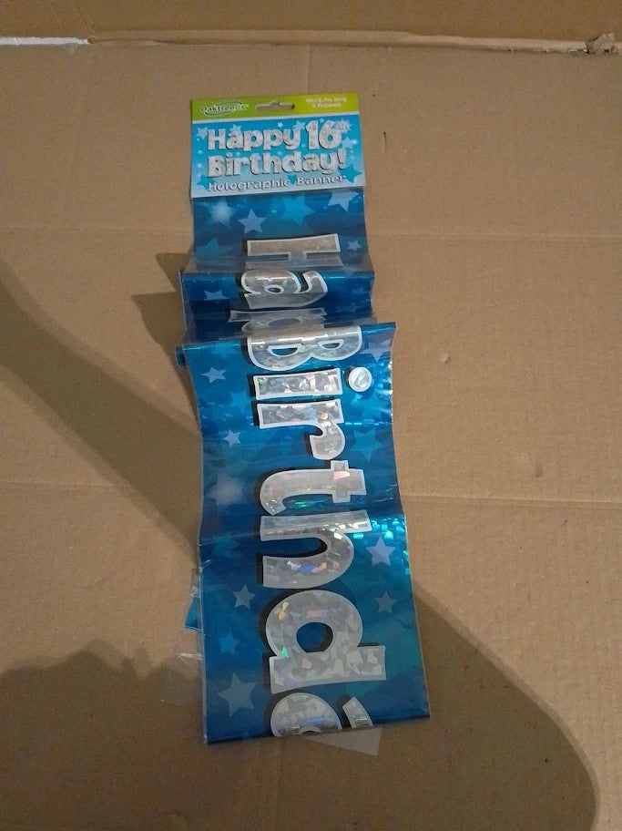 OakTree 9ft Banner Happy 16th Birthday Blue Holographic Foldable New