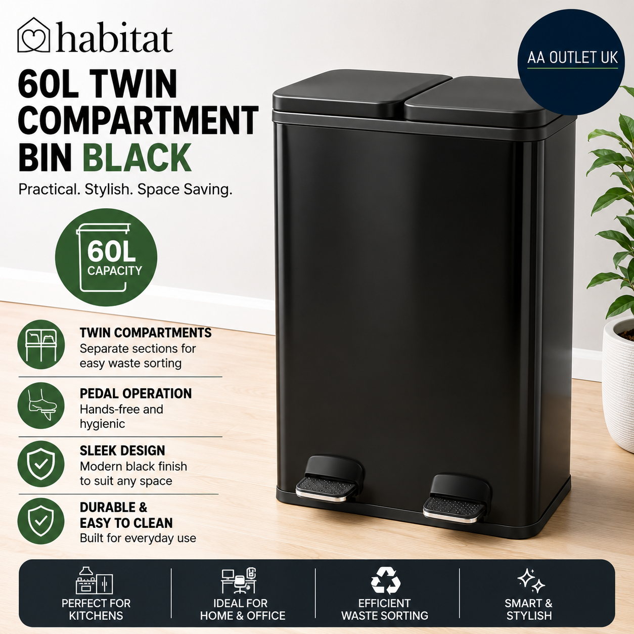 Habitat 60L Twin Compartment Bin Black New