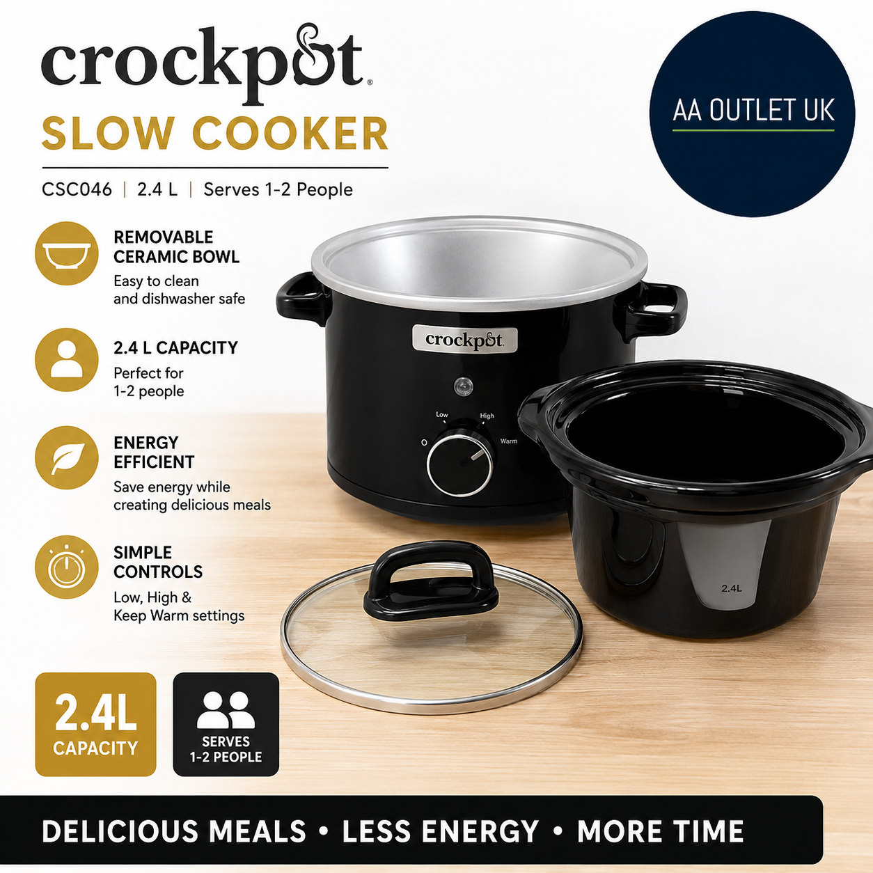 Crock Pot Slow Cooker 2.4L Removable Easy Clean CSC046 Ceramic Bowl 21x32x32cm
