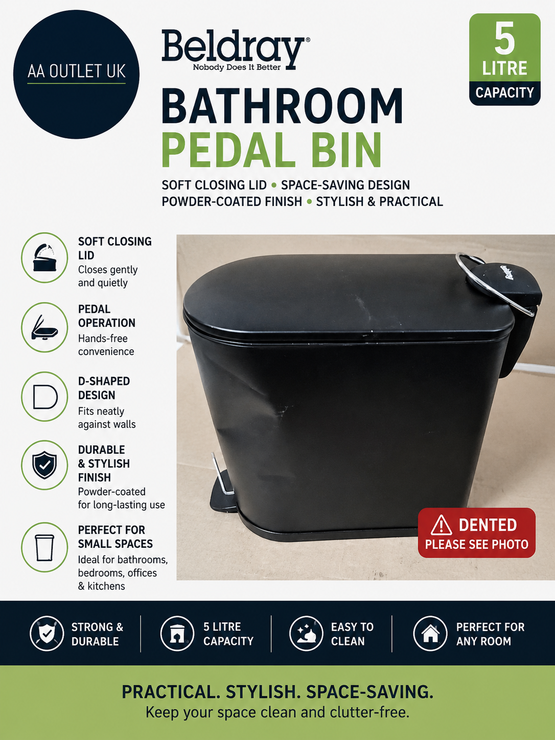 Beldray Bathroom Pedal Bin 5L Small Toilet Bin Soft Closing Lid D Shaped