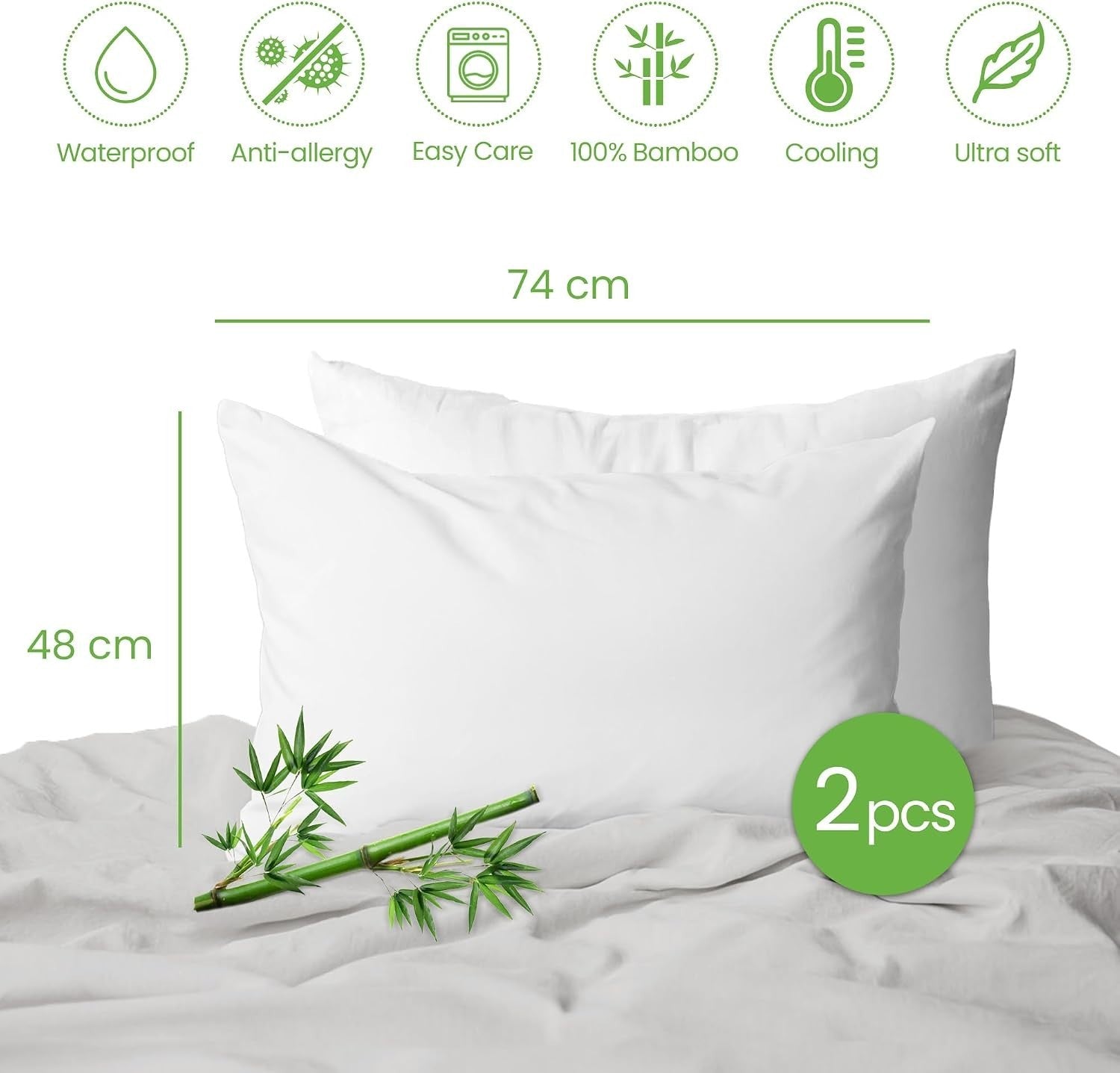Pillow Protector 2 Pieces 48x74cm 100% Bamboo Triple Layer Solution Zip New