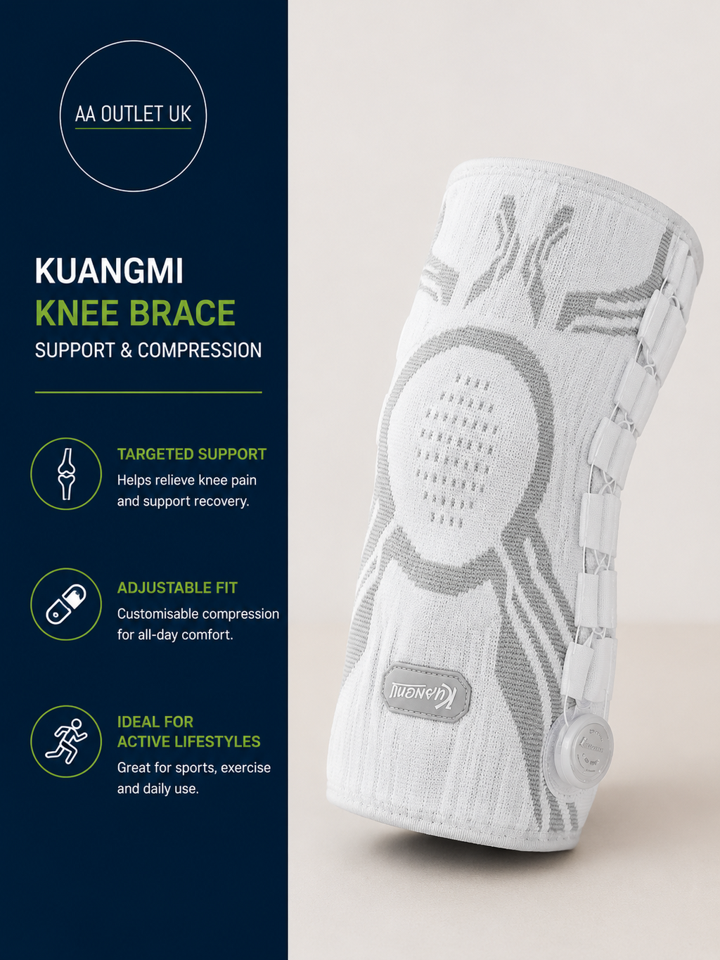 Kuangmi Knee Joint Stability Brace Support Adjustable Compression XL White