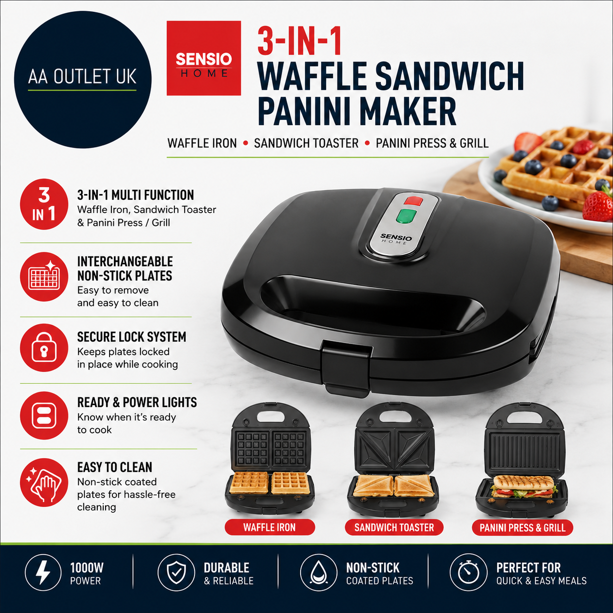 Sensio Home Multi Functional 3in1 Waffle Iron Deep Fill Sandwich Toaster Pan