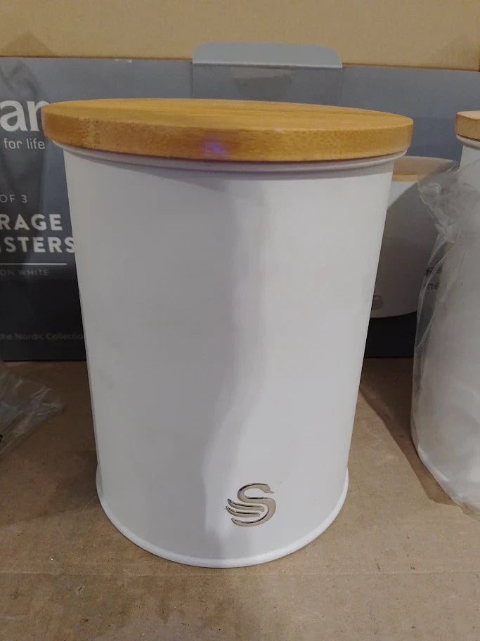 Swan 3 Nordic Scandi Storage Tea Coffee Sugar Canisters Cotton White Steel