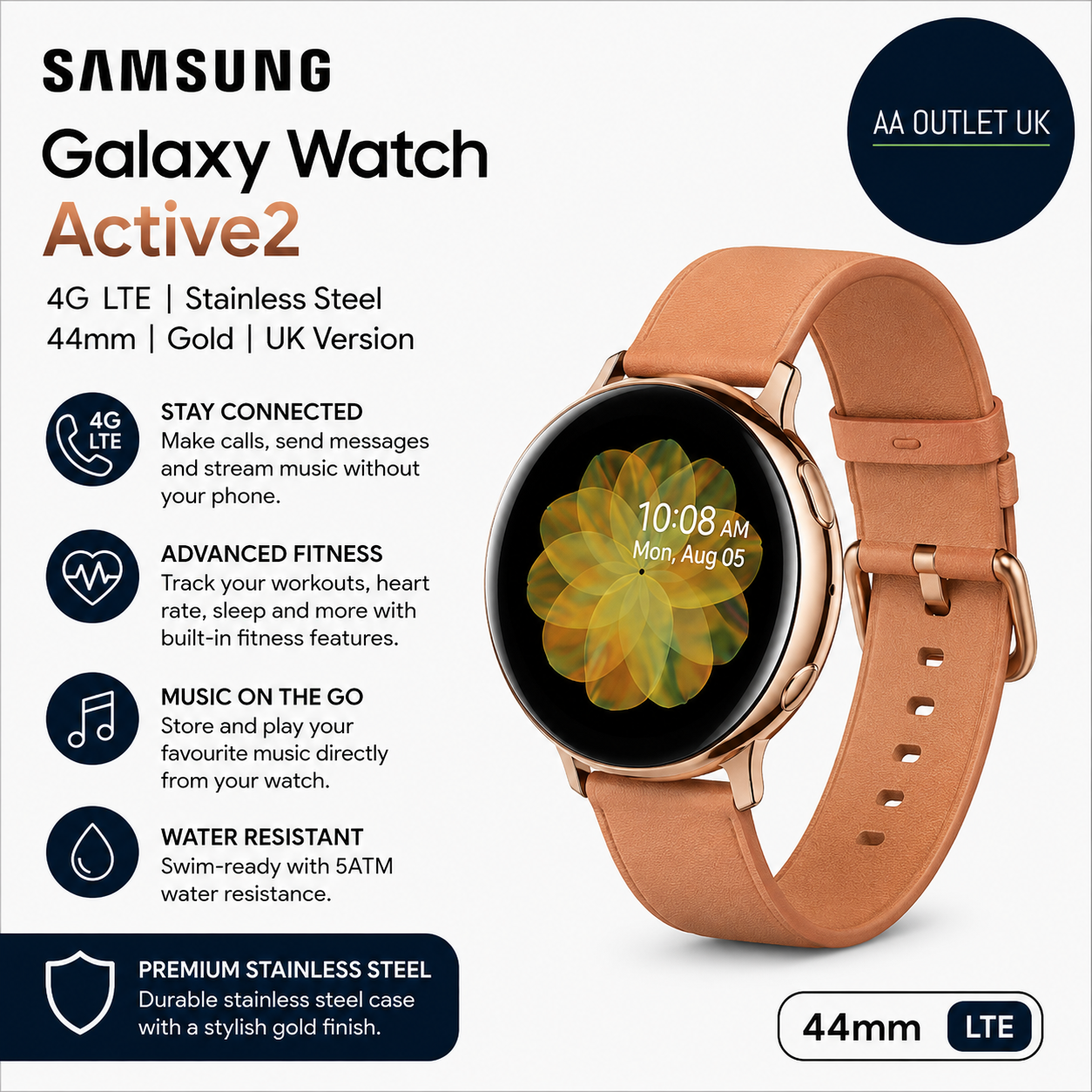 Samsung Galaxy Watch Active 2 4G LTE Stainless Steel 44mm Gold UK Version