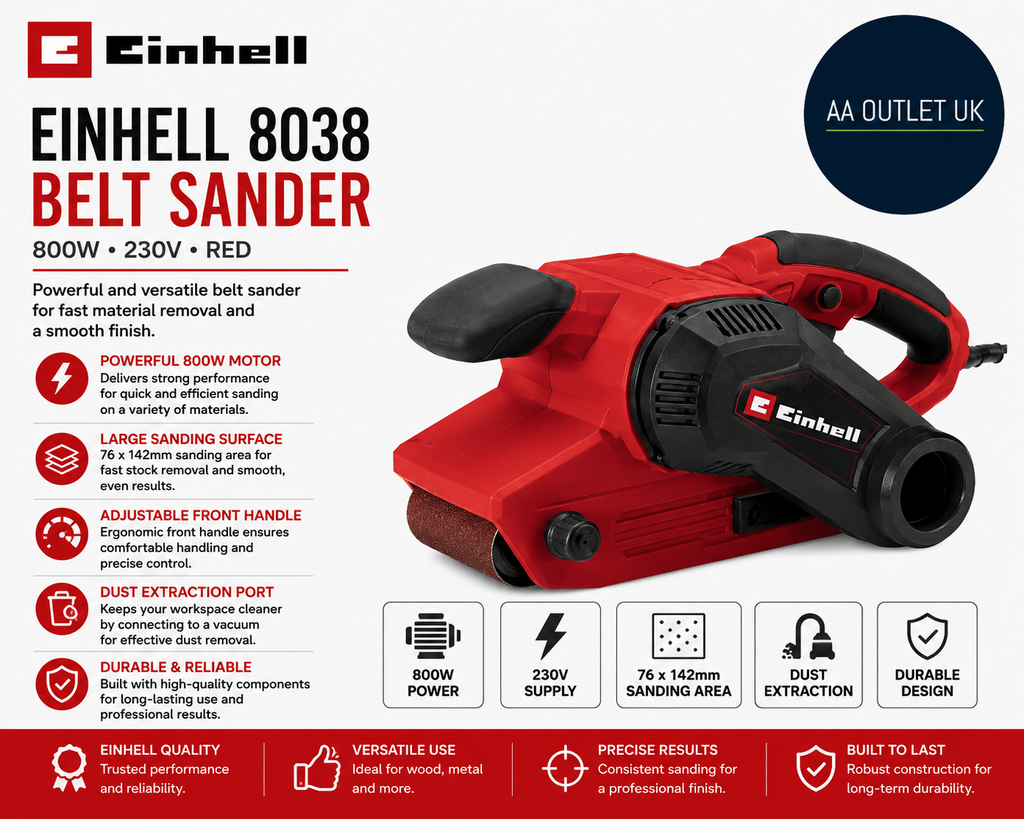 Einhell 8038 Banda Electronica Belt Sander 800W 230V Red Extra Coarse Corded