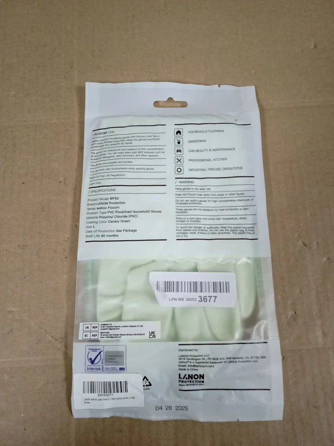 LANON Latex Free Cleaning Gloves Reusable Waterproof Dishwashing Green Large New