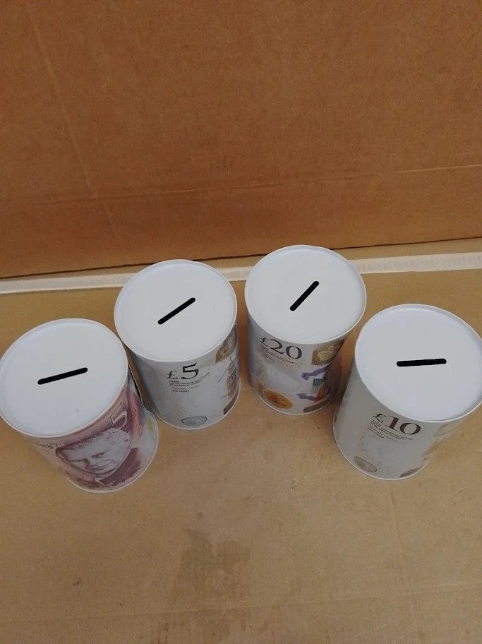 Sapra Money Tins 4 Pack Money Boxes Tinplate Multi Colour Notes Design