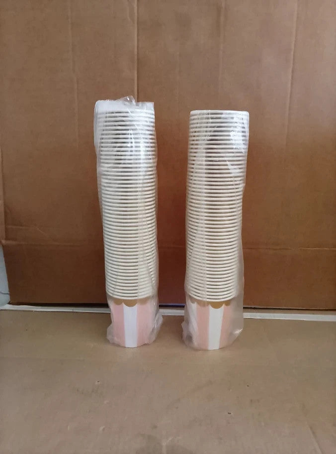 Disposable Paper Coffee Cup Bulk 100-Pack 8oz 5 Striped Pastel Colourways New