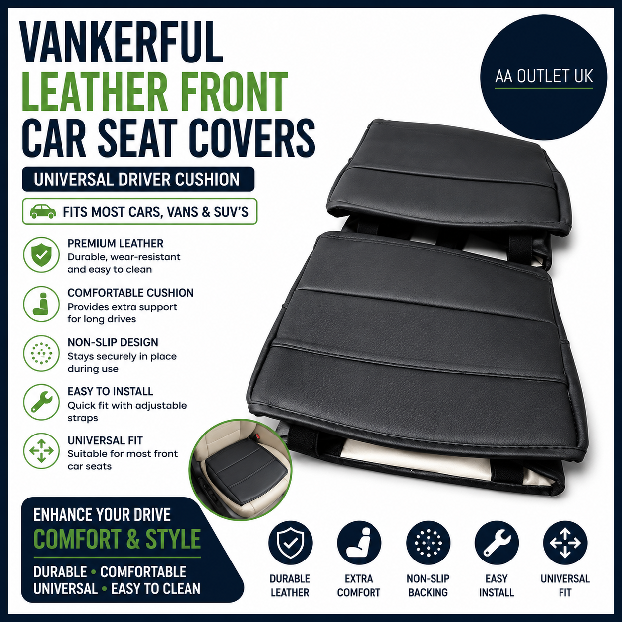 Vankerful 2 Pieces Leather Front Car Seat Covers Black Universal Driver Cushion