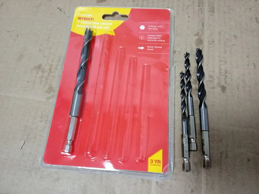 Amtech 4pc Hex Shank Wood Drill Bit Set Brad Point Carbon Steel 1/4in