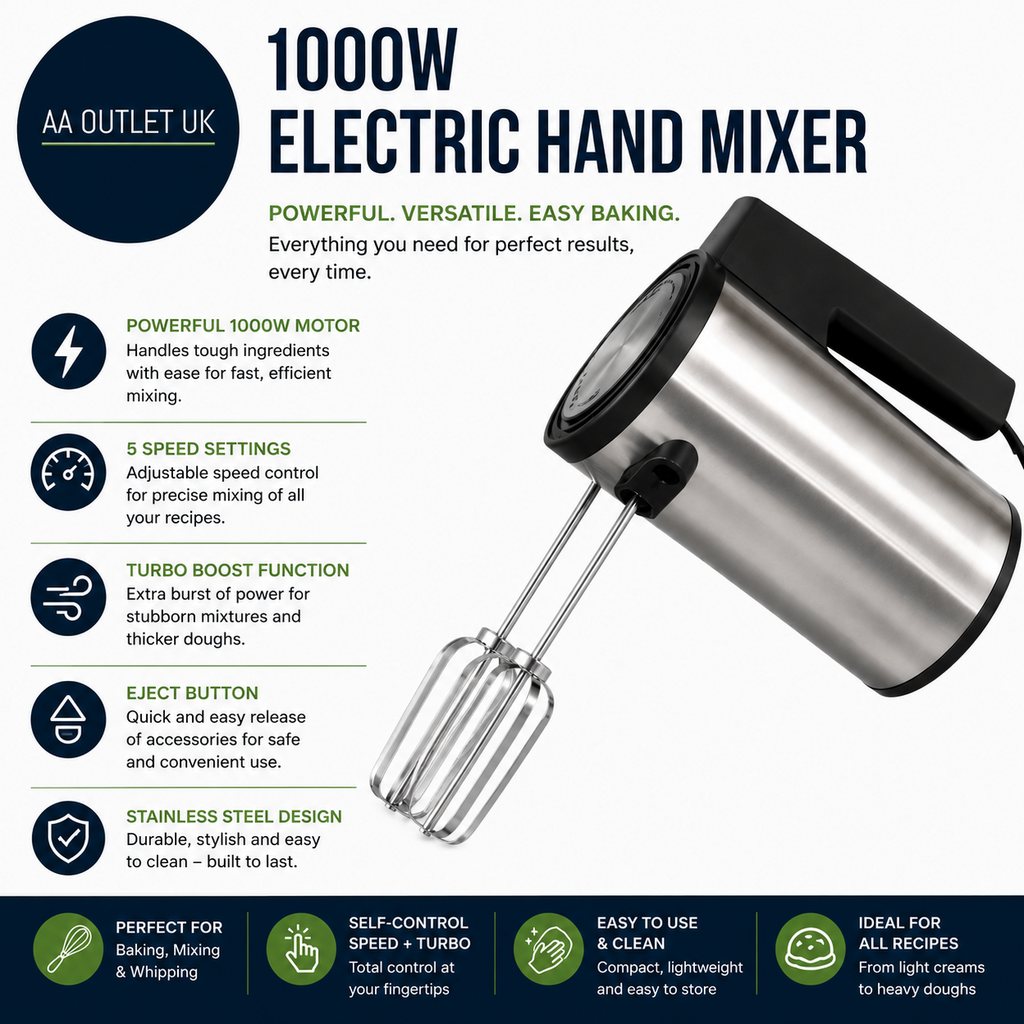 Hand Mixer Electric Hand Whisk 1000W Stainless Steel Hand Baking Turbo Boost