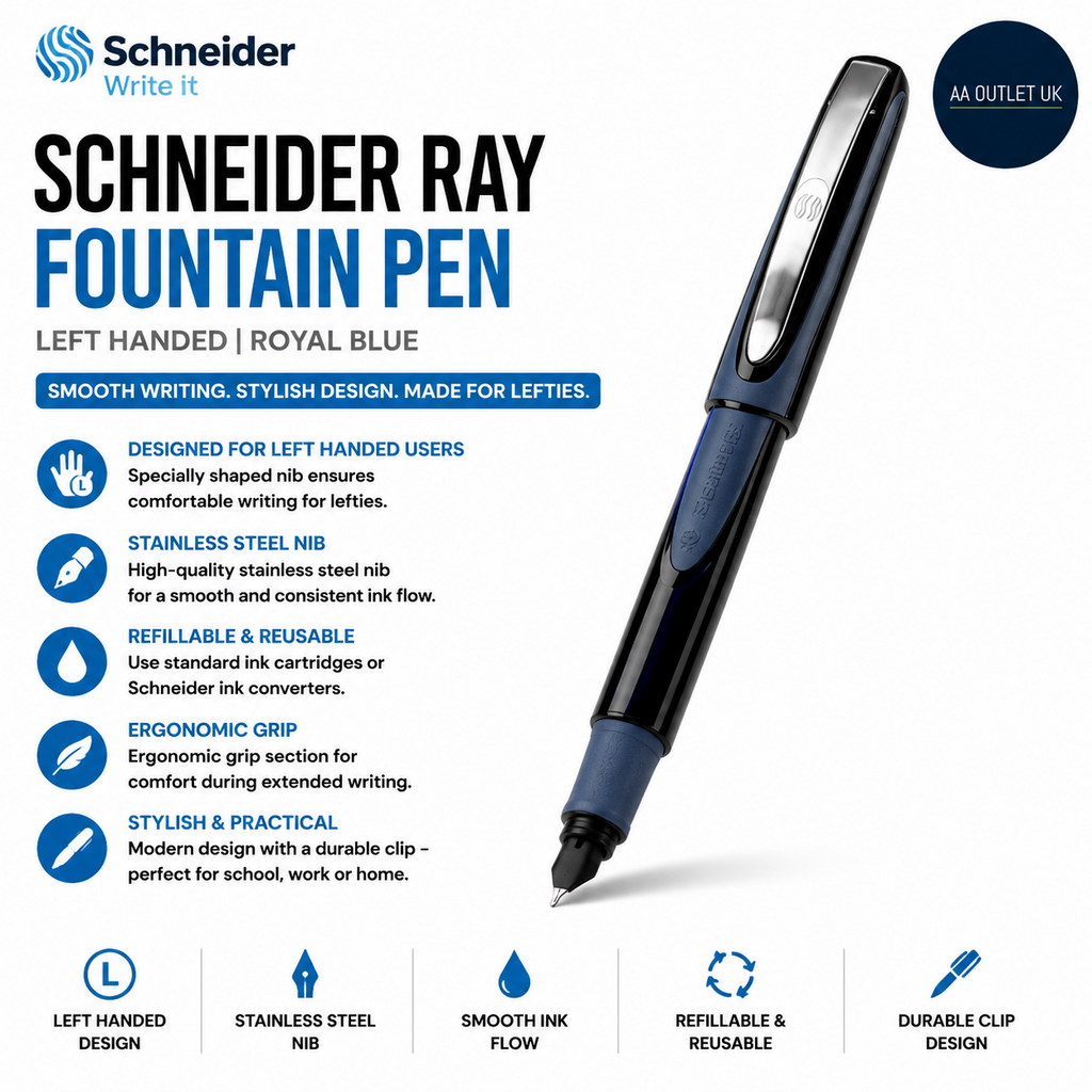 Schneider Ray Fountain Pen Left Handed Royal Blue Ink Cartridge Modern Design