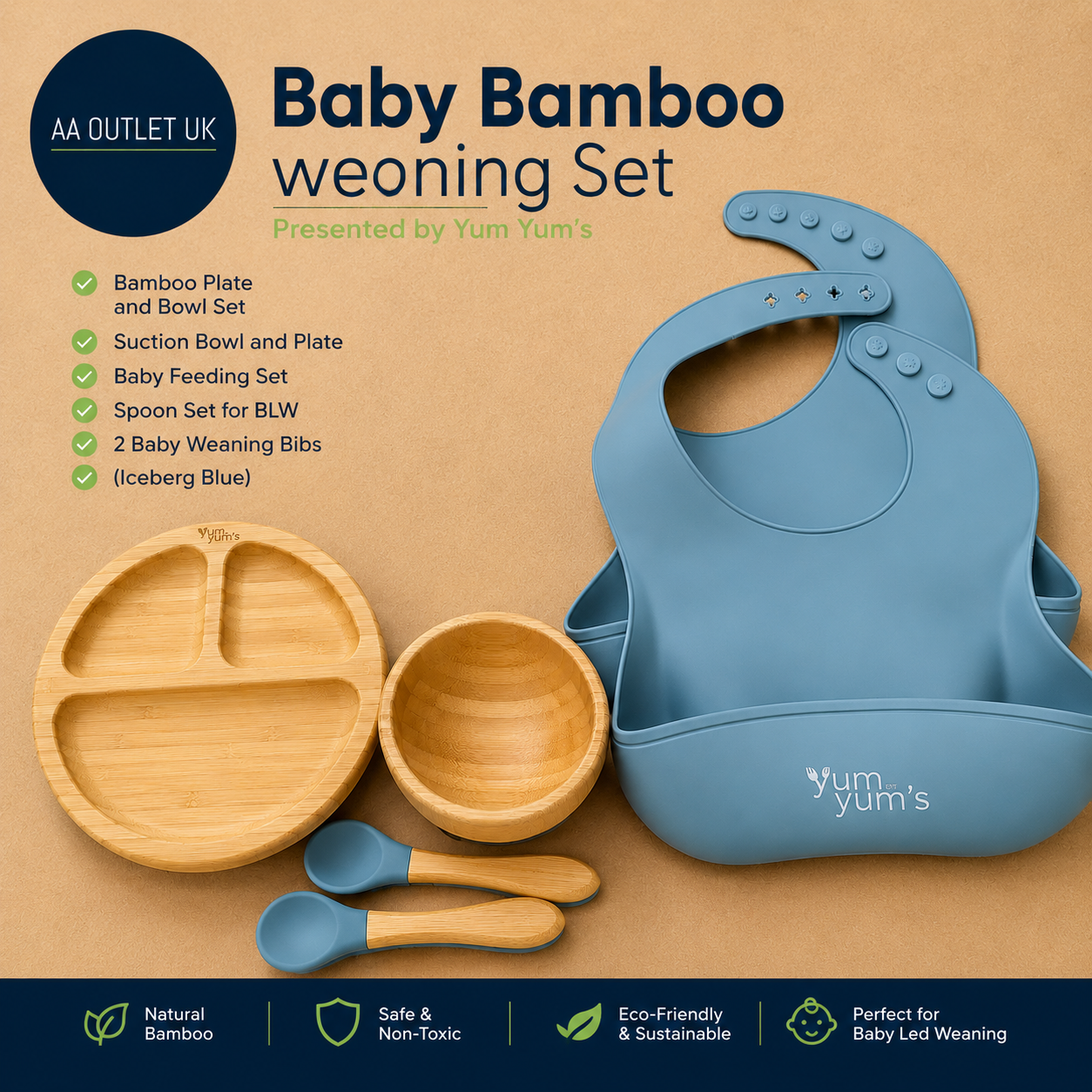 Baby Bamboo Weaning Set Presented Yum Yums Spoon Plate & Bowl Iceberg Blue