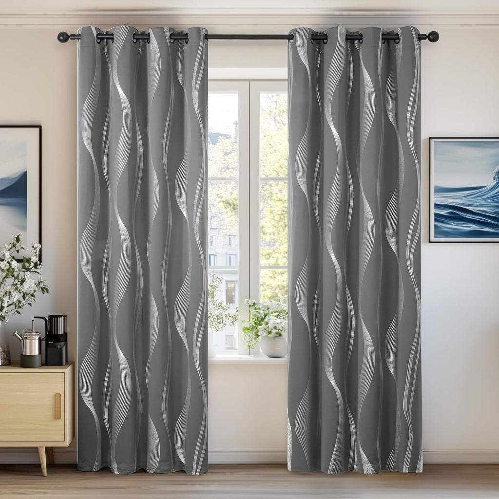 Deconovo Grey Blackout Curtains Silver Wave Line Foil 182.9Lx116.8cm New