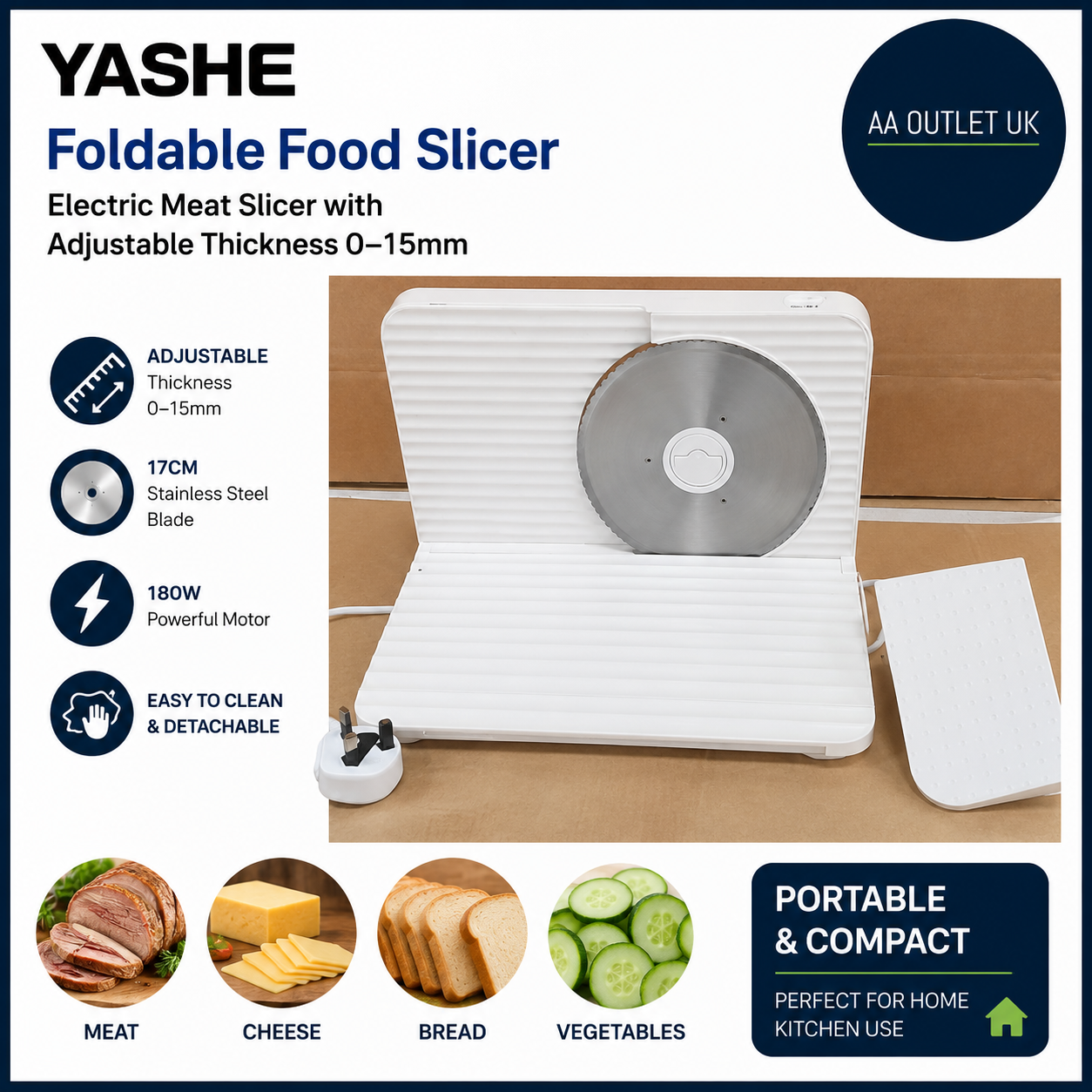 Yashe Foldable Food Electric Meat Slicer Adjustable Thickness 0–15mm 180w