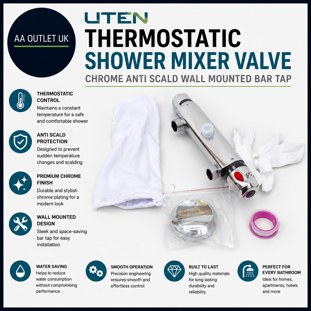 Uten Thermostatic Shower Mixer Valve Chrome Anti Scald Wall Mounted Bar Tap