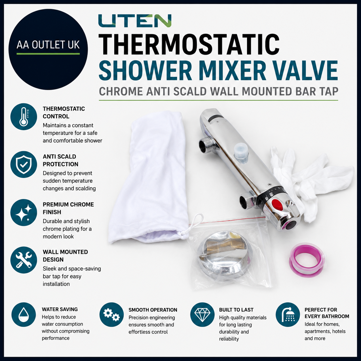 Uten Thermostatic Shower Mixer Valve Chrome Anti Scald Wall Mounted Bar Tap