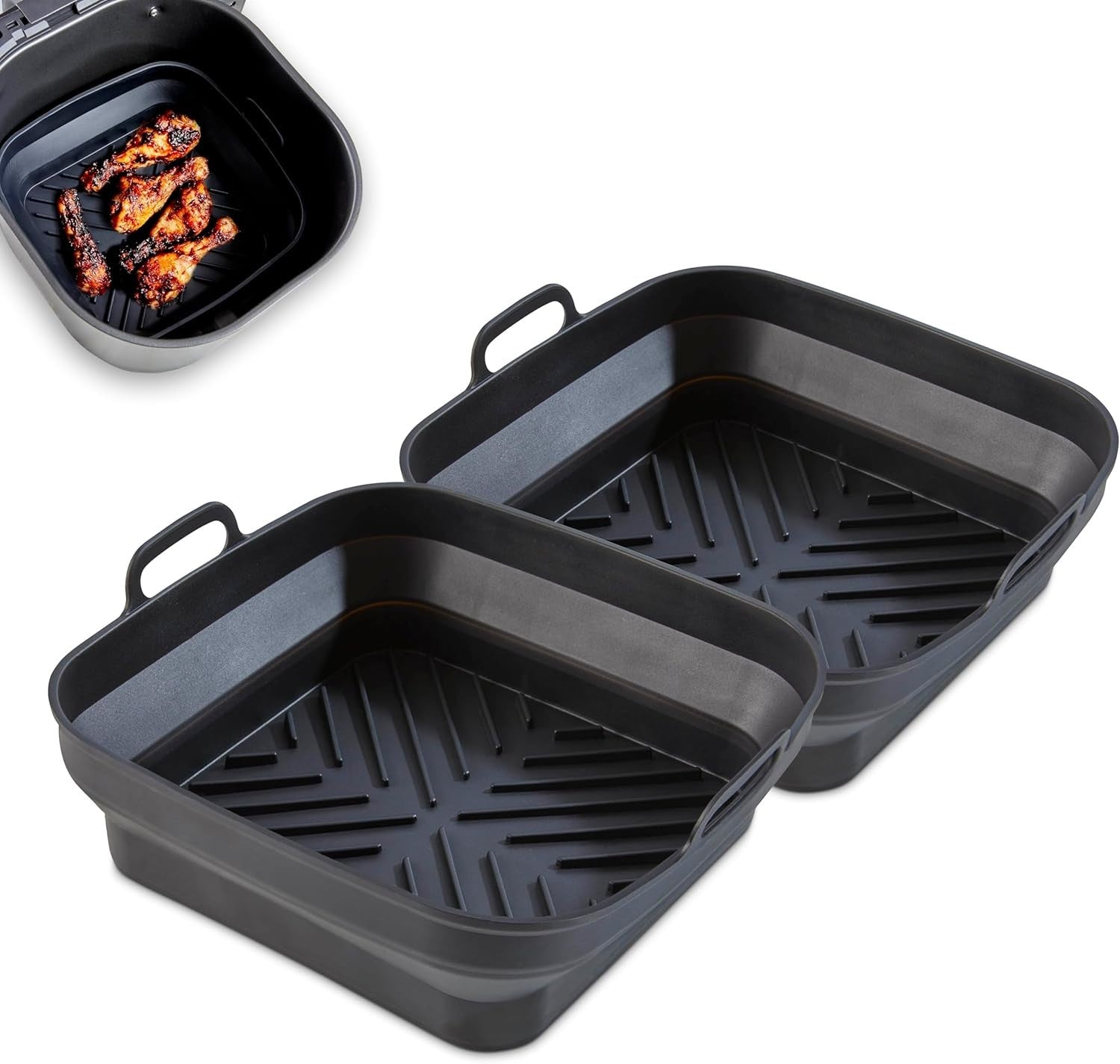 Tower Set Of 2 Square Foldable Silicone Trays Black 21.5x21.5x6.8cm New