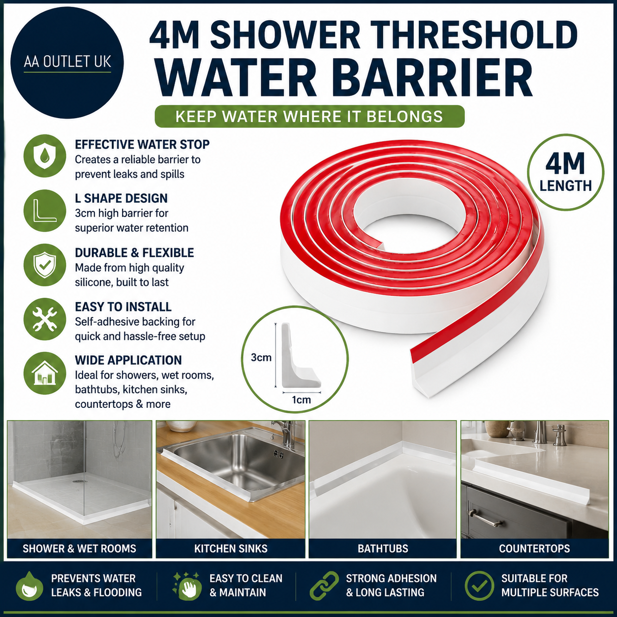 4M Shower Threshold Water Barrier Wet Room Floor Bathroom Dam Shower Tray