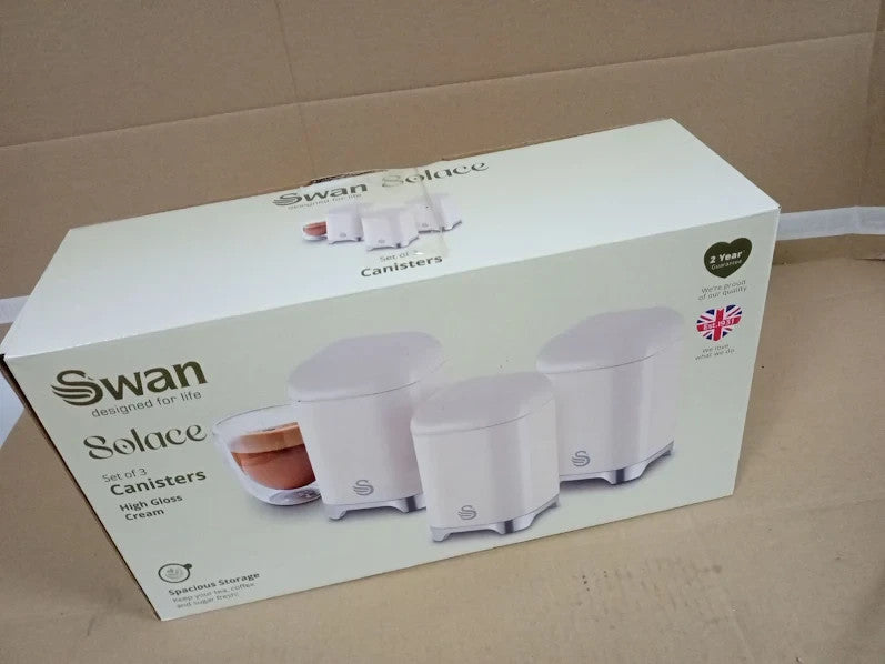 Swan Solace Set 3 Canisters Tea Coffee Sugar Iron Body Wipes Clean 1.5L New
