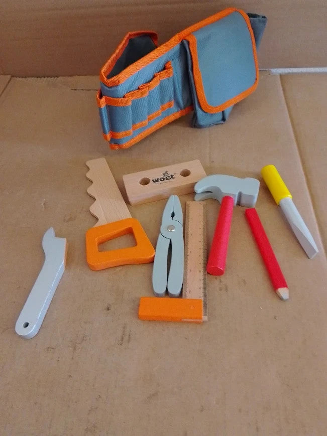 Woet Orange Kids Tool Belt Set Pretend Play Carpenter Toy Wooden 3+
