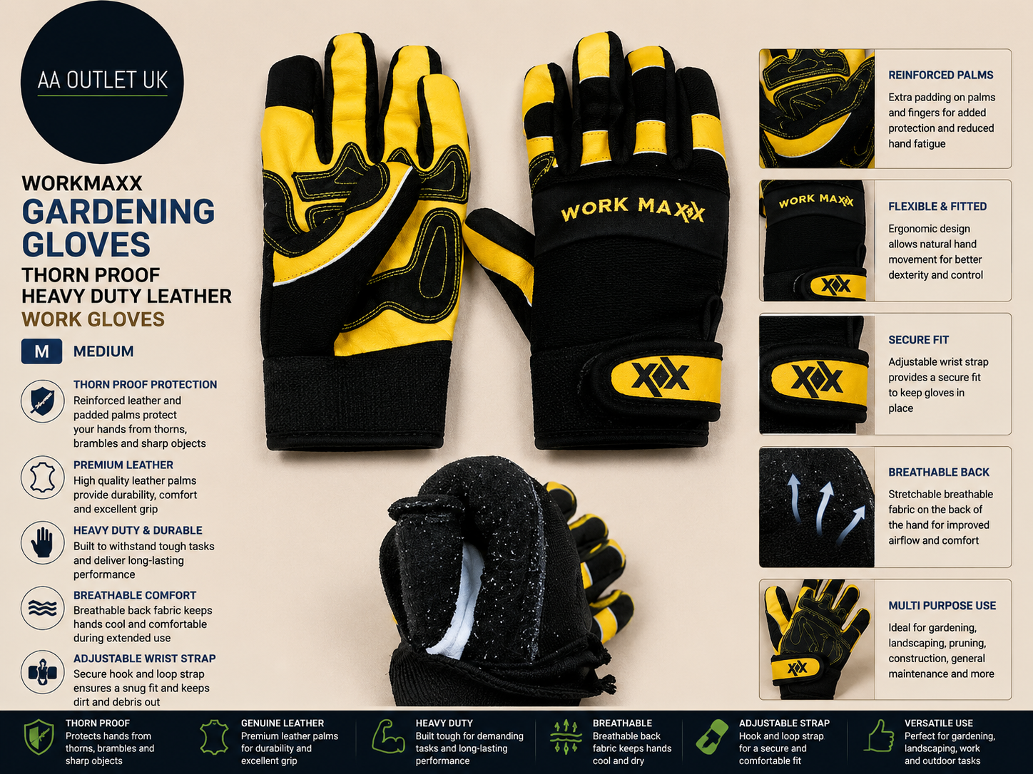 WORKMAXX Gardening Gloves Thorn Proof Heavy Duty Leather Work Gloves M Design